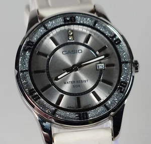 Casio Women Silver Dial Lamé-Sprinkled Bezel 50M Silicone Band  ltp-1358 #D043 - Picture 1 of 16
