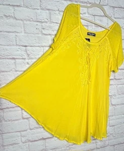 1X/2X/3X New Lemon Yellow Cotton Gauze Embroidered Beach Tunic Peasant Top - Picture 1 of 15