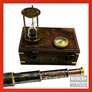 Nautical Brass Telescope with Hourglass & Pocket Compass in Wooden Box-Gift Set - Picture 1 of 4