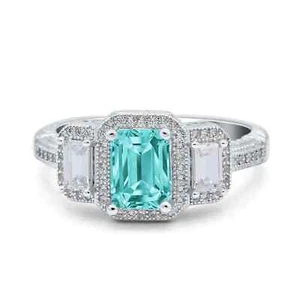Smaragdschliff Halo Ring simulierter Paraiba Turmalin CZ 925 Sterling Silber - Bild 1 von 6