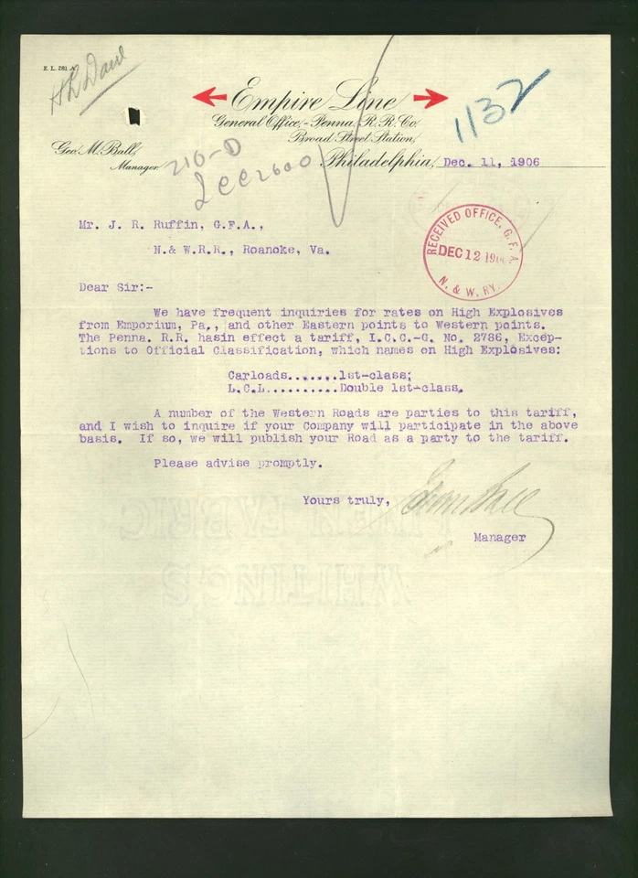 EMPIRE LINE railroad SIGNED 1906 letter by George M. Ball about high explosives - Image 1 of 1