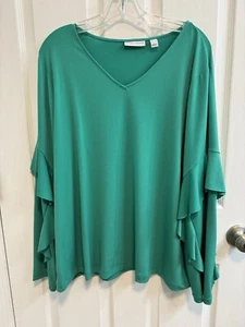 Susan Graver XL Teal Green V-neck Top Ruffled Long Sleeves Stretch New - Picture 1 of 16