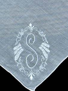 Vintage White on White Embroidered Monogram "S" Initial Handkerchief**#1 - Picture 1 of 2