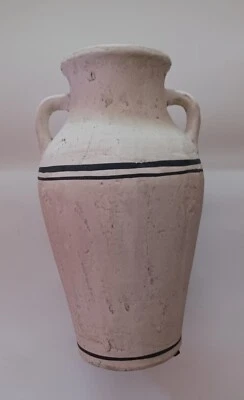 13 Zoll Distressed Bauernhaus Terrakotta Krug Vase, weiß mit blauen Streifen, neu - Bild 1 von 4