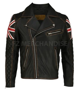 Men’s Motorcycle Biker Cafe Racer UK Flag Union Jack Black Cow Leather Jacket A+ - Picture 1 of 4