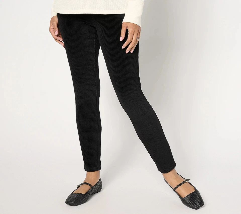 Quacker Factory Corduroy Size LARGE Tall Flat Waistband Jegging BLACK A671330 - Image 1 of 1