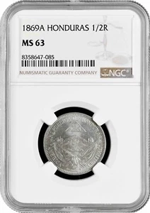 Honduras 1/2 real 1869 A, NGC MS63, "Peso (pre-decimal) (1862 - 1871)" - Bild 1 von 2
