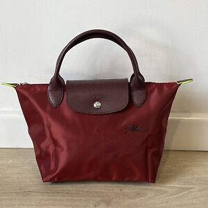 Auth Longchamp Le Pliage Green Recycled Nylon Small Short Handle Bag in RED