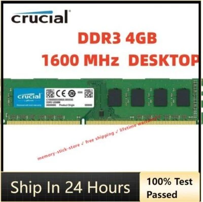 CRUCIAL DDR3 4GB 1600 MHz PC3-12800 Desktop 240-Pin DIMM Non-ECC Memory RAM 4G - Image 1 of 4