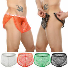 Men Boxer Briefs Shorts Underwear Sexy Fishnet See Through Button Underpants