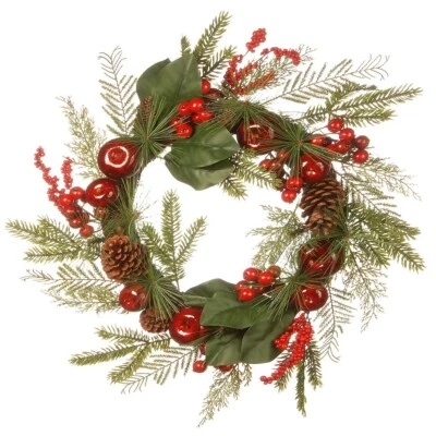 NEW National Tree Company Christmas Magnolia Pine & Red Apple 24'' Wreath $99 - Image 1 of 2