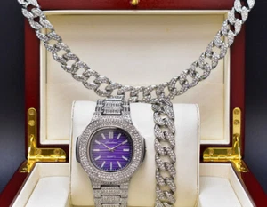 RELOJ DE DIAMANTES DE LABORATORIO HELADO HIP HOP PLATEADO PT ESFERA AZUL, CADENA DE RAPEROS, JUEGO DE PULSERA - Imagen 1 de 12