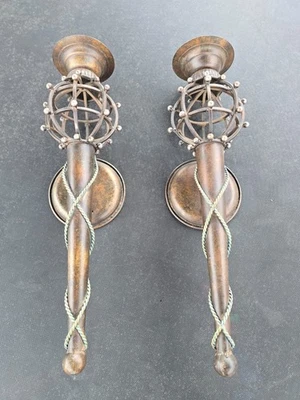 Pair Vintage Gothic Crown Torch Sconce Wrought Iron Metal Wall Candle Holder - Image 1 of 4