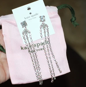 NWT KATE SPADE NEW YORK Statement Shimmy Fringe Silver clear long Earrings DROP - Picture 1 of 6
