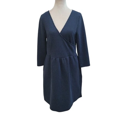 HD in Paris Size L Anthropologie Navy Blue Geometric Dot Wrap Dress 3/4 Sleeve - Image 1 of 4