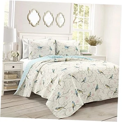  Botanical Bird and Flower Oversized 3 Piece Reversible Quilt King Multicolor - Image 1 of 4