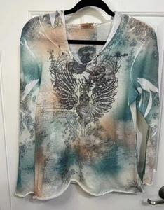 One World M Cappuccio Pull Over Manica Lunga Boho Ali Scettore Parole Turchese Bianco - Foto 1 di 7