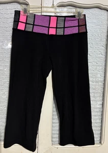 Vtg Lululemon Cropped Pant BLACK + Pink Purple Waist Wide Leg - SIZE 6, GUC - Picture 1 of 3