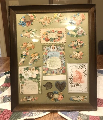 Vintage Greeting Card Framed Wall Hanging Collage-Our Father/Christmas/Florals - Image 1 of 4