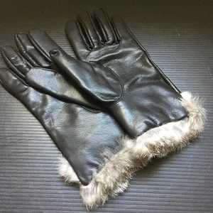 Lussuosi guanti da donna neri in pelle premium con bordo in pelliccia di coniglio taglia S ***Nuovi - Foto 1 di 4