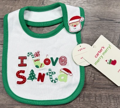 Nuevo babero de Navidad vintage Carter's verde I Love Santa Foto 1 de 2