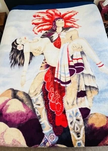 Gorgeous Plush Throw Blanket 94x82" Colorful Native American Chief Carrying Lady - Picture 1 of 15