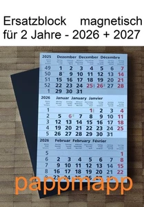Ersatzblock Kalender magnetisch 2026 + 2027 Edelstahl  3 Monats Tischkalender - Bild 1 von 3