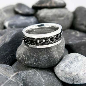 Fantastic 935 Argentium Silver & Black Rhodium Men Cuban Link Fashion Band Ring - Picture 1 of 5