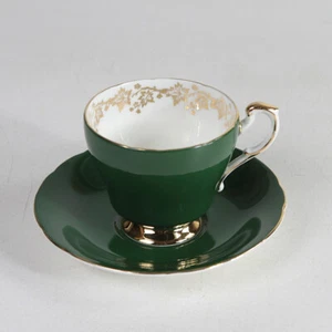 Paragon By Appointment To Her Majesty Square Footed Teacup & Saucer Green & Gold - Picture 1 of 7