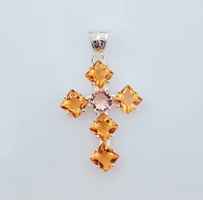 Lemon Quartz Cross Pendant 925 Sterling Silver Handmade Gemstone Jewelry 2.20" - Image 1 of 4