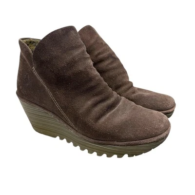 Fly London Yama Gamuza Cuña Botines Mujer EE. UU. 9.5 Marrón Cremallera Lateral Cuña EU 40 Foto 1 de 4