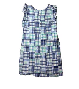 Vineyard Vines Madras Plaid Patchwork Dress Blue Aqua Girls Sz 10 Ruffle Sleeve - Picture 1 of 7