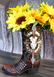 Western Kuhschädel türkisfarbenes Kreuz und Stacheldrähte Cowboystiefel Vase Figur
