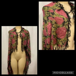 Vtg NOS Tag Shawl Scarf Wrap Zazou Black Pink SHABBY ROSES Rayon Fringe - Picture 1 of 12
