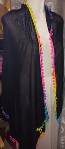 Beautiful Black Scarf/Shawl/ Swimsuit Wrap w/ Rainbow Color Fringe Pom Poms - Picture 1 of 5