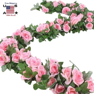 7.5 Ft  Garland Wall Artificial Hanging Rose Flower Vine Deep Pink Wedding Decor - Image 1 of 4