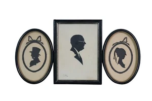3 Antique Victorian & Vintage Cut Paper Oval Silhouette Busts Man Woman 8" - Picture 1 of 9