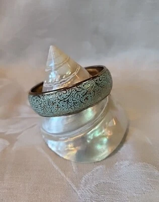 Goldtone & Turquoise Color Metal Bangle Bracelet Floral Motif Size 8 3/4" - Image 1 of 3