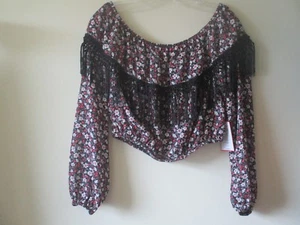 Glamorous Gypsy Top Sz 14 Black Coral Ditsy Floral Fringe New - Picture 1 of 8