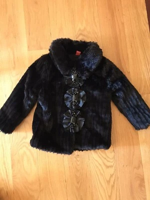 Girl's Black Faux Fur Dressy Holiday Coat w/decorative Buttons- Sz Small 4-6 - Image 1 of 4
