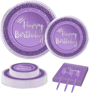 96 Pieces Purple and Silver Birthday Plates and Napkins Party Tableware Set with - Picture 1 of 12