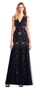 Adrianna Papell V Neck Floral Beaded Godet Gown Dress Black 10 - Picture 1 of 7