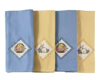 Apliques de toallas de té de cocina vintage bordados conejito y pollito 2 azules 2 amarillos Foto 1 de 4