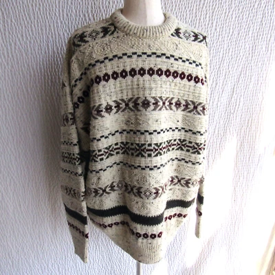 Thick Wool Fisherman Sweater Beige Green Burgundy Aran Crafts Ireland Vintage - Image 1 of 4