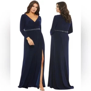 Mac Duggal Midnight Navy Perlen Gürtel Jersey Faux Wickel Langarm Kleid Gr 14W - Bild 1 von 16