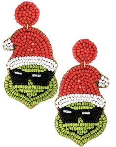 CHRISTMAS THE GRINCH WEARING SANTA HAT AND SUNGLASSES DANGLE GOLD TONE EARRINGS - Picture 1 of 1