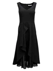 KAY UNGER Black Portrait V-Neck Stretch Crepe Ruffle Pleated Fit Flare Dress 4 - Picture 1 of 7