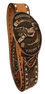 HORSESHOERS AMERICA AWARD DESIGN SOLID BRASS BUCKLE W/ LEATHER WILSON BELT SZ40 - Picture 1 of 15