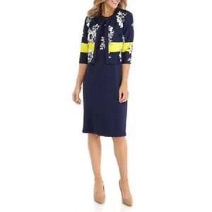 NEW DANNY & NICOLE NAVY BLUE WHITE FLORAL CAREER JACKET DRESS SIZE 14 $110 - Picture 1 of 3