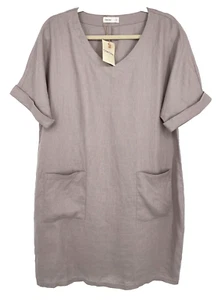 NEW Grae Cove women's size L 100% Linen v-neck Dress pockets short sleeve Grey - Picture 1 of 9